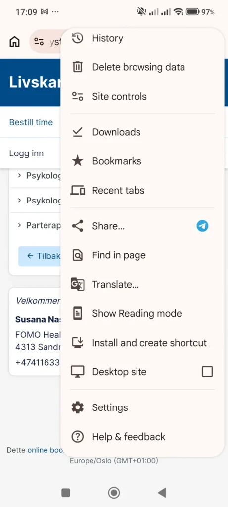 livskartet app android chrome meny